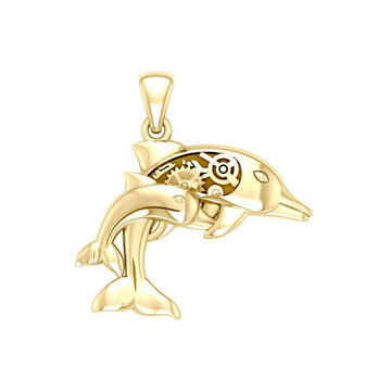 Gentle dolphins in steampunk ~ Solid Gold Jewelry Pendant with 14k Gold Accent GPD3929 - Jewelry